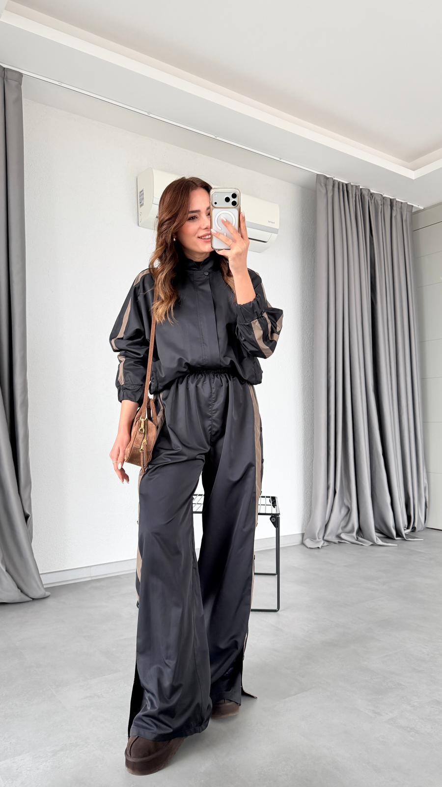 Siyah Ilaria Şeritli Ceket Pantolon Takım