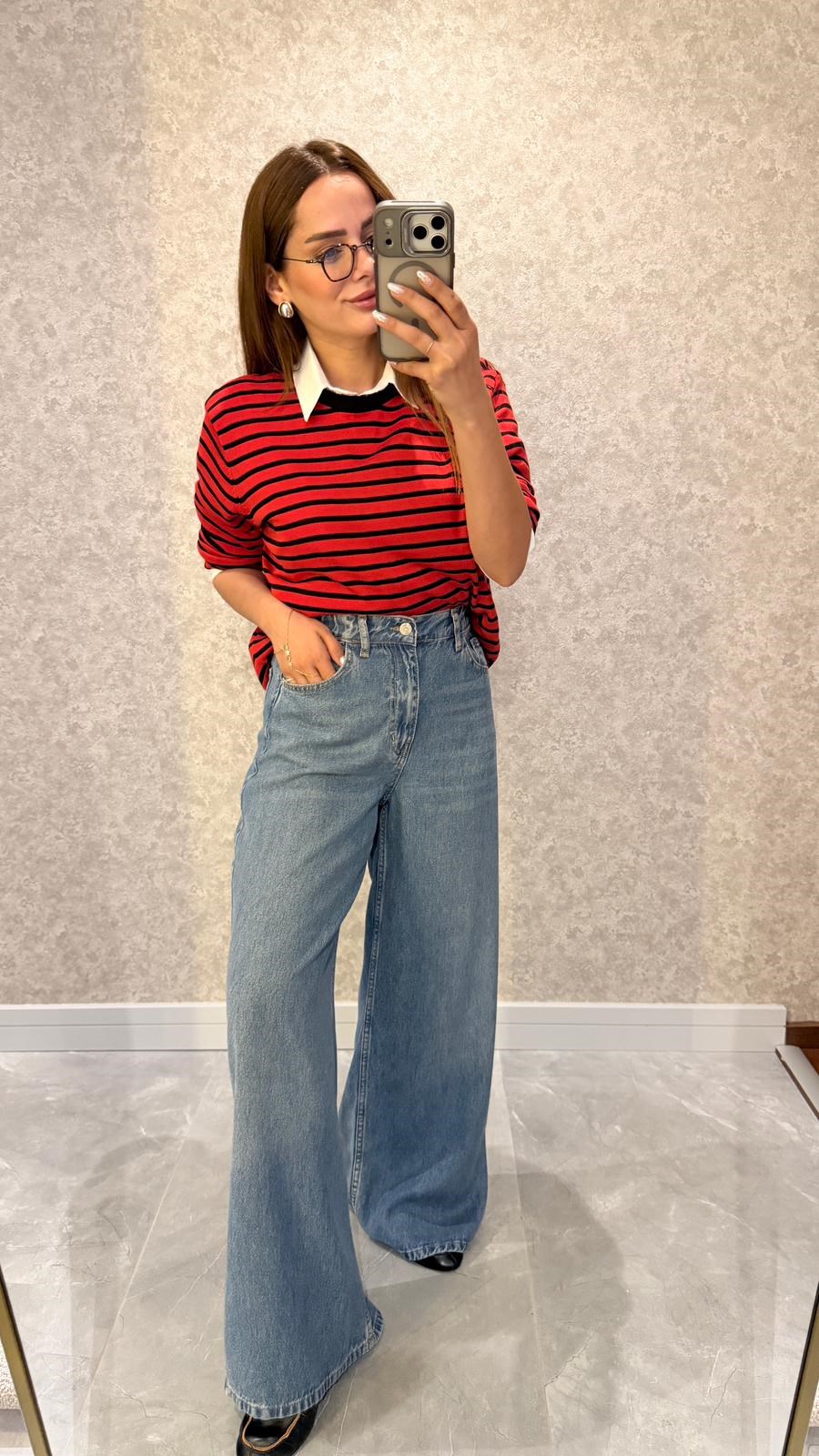 Mavi Vespera Arka Beli Lastikli Geniş Paça Jean