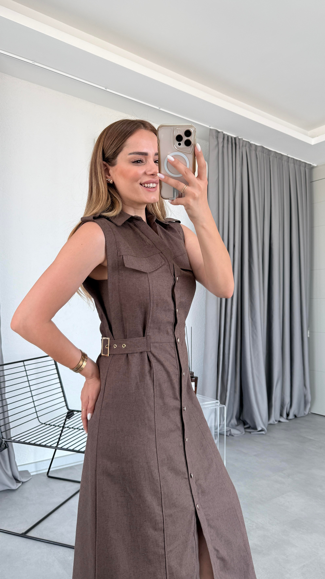 Pelin Yıldız Butik | Beli Tokalı Önü Düğmeli Kolsuz Keten Elbise | Kadın Giyim