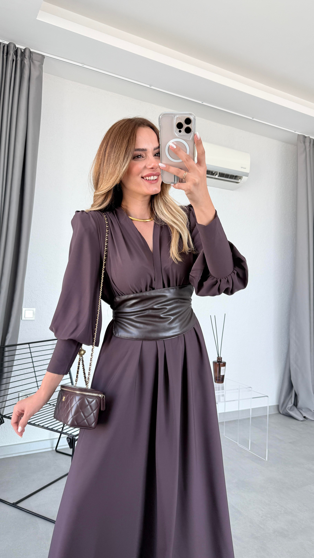 Pelin Yıldız Butik | Deri Kemerli Kahverengi Elbise | Kadın Giyim