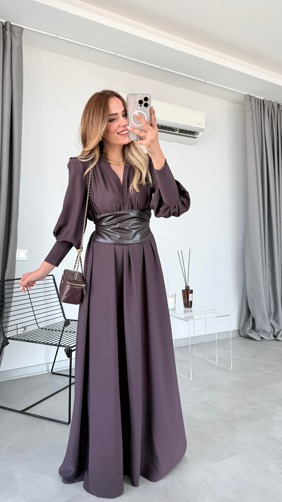Pelin Yıldız Butik | Deri Kemerli Kahverengi Elbise | Kadın Giyim