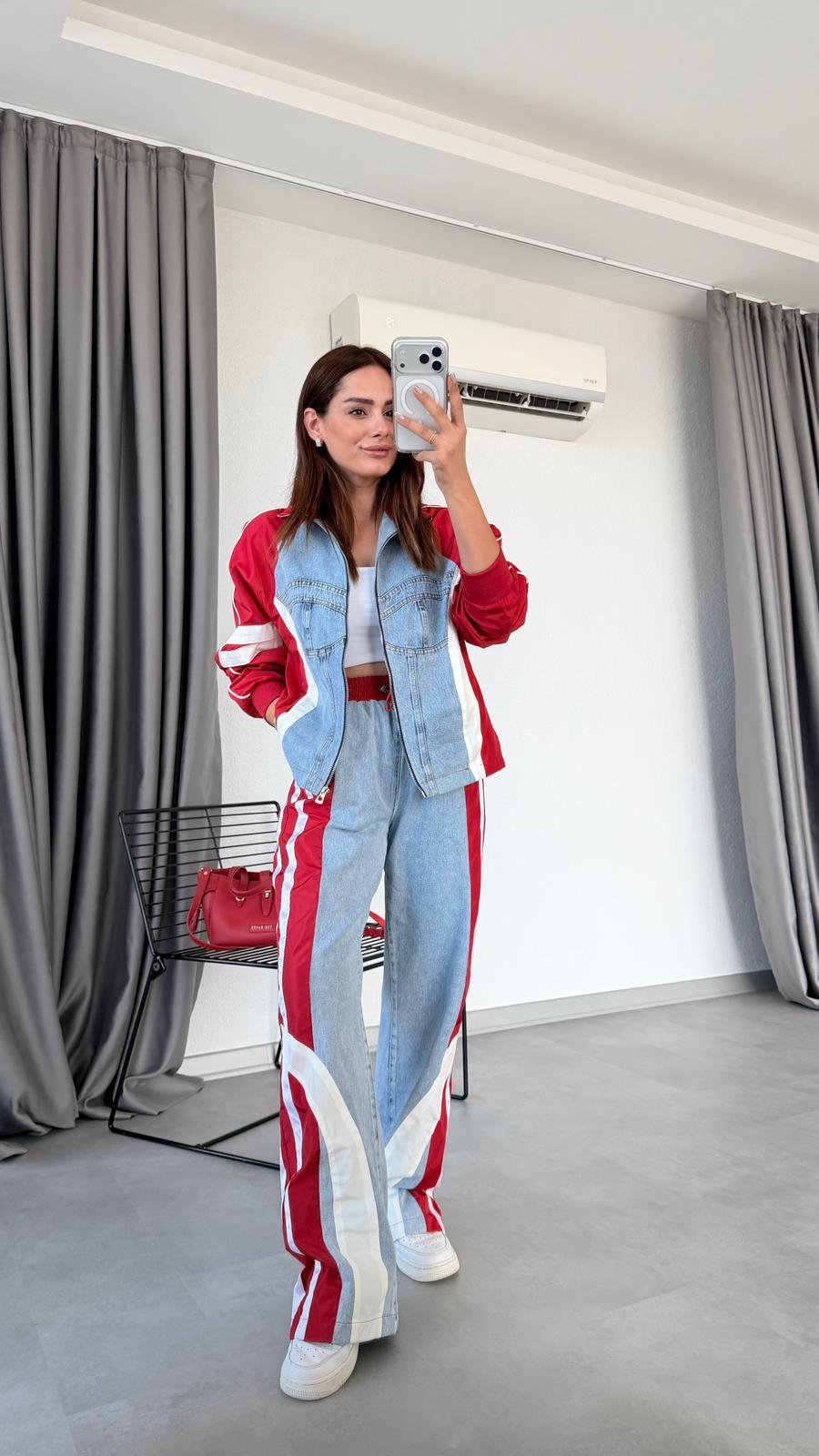 Pelin Yıldız Butik | Kolları Çizgili Denim Detaylı Takım | Mersin Butik