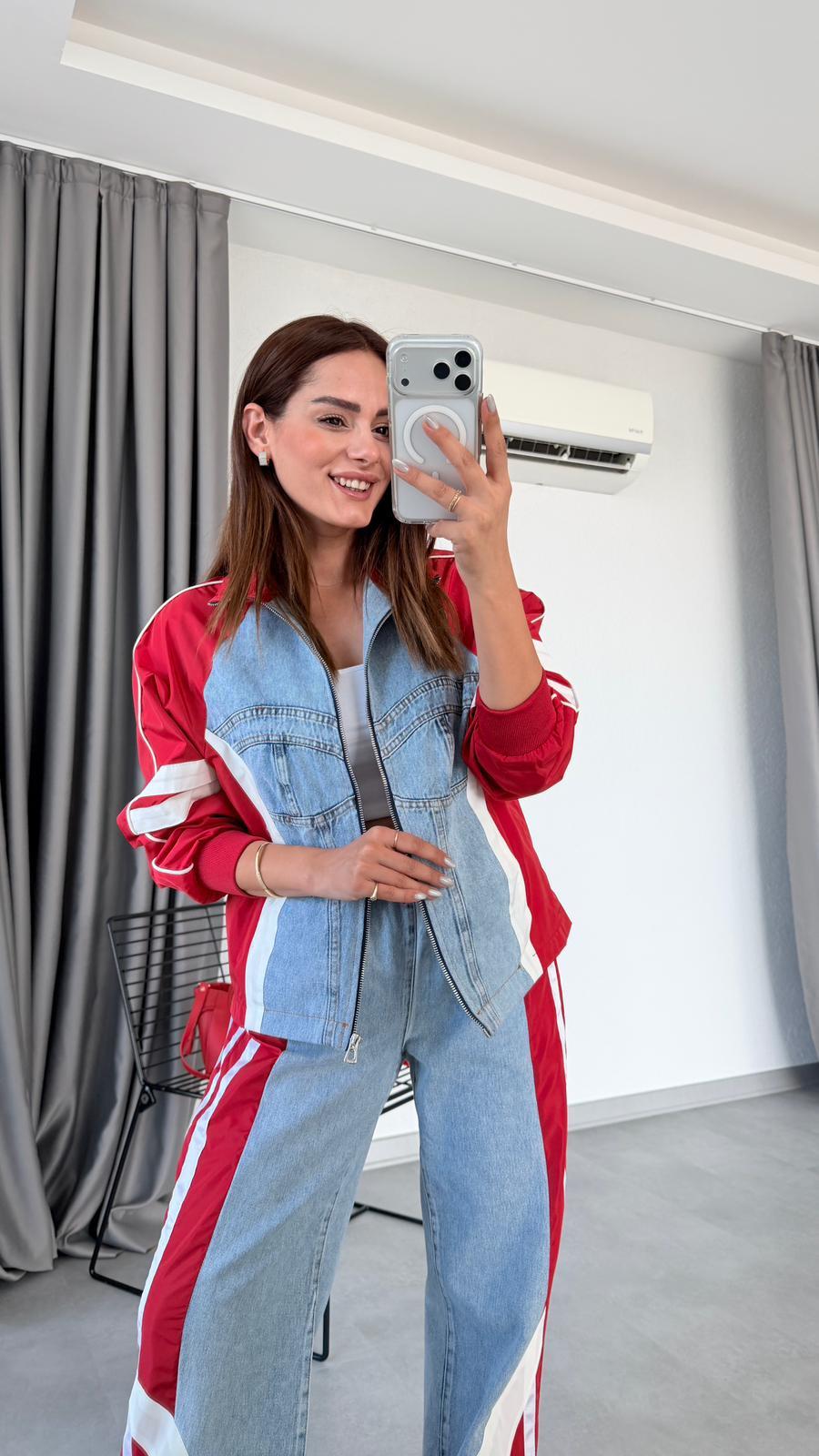 Pelin Yıldız Butik | Kolları Çizgili Denim Detaylı Takım | Mersin Butik
