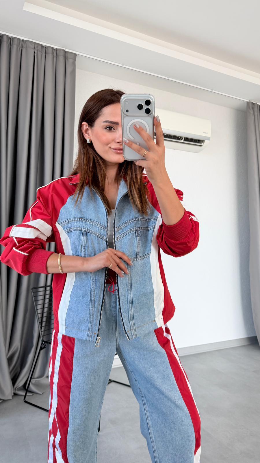 Pelin Yıldız Butik | Kolları Çizgili Denim Detaylı Takım | Mersin Butik