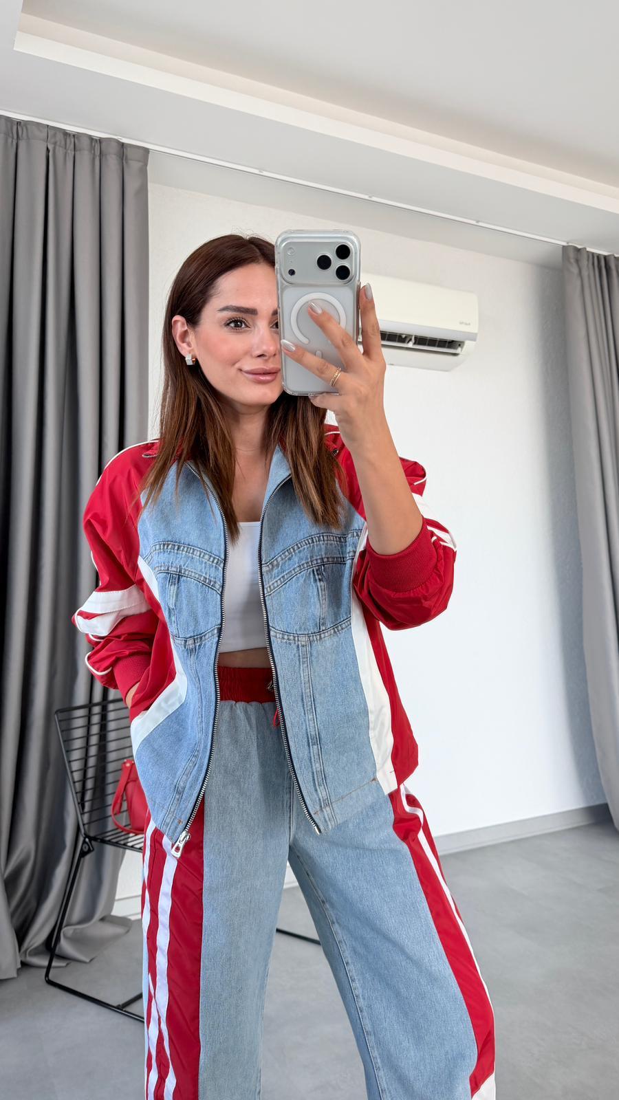 Pelin Yıldız Butik | Kolları Çizgili Denim Detaylı Takım | Mersin Butik