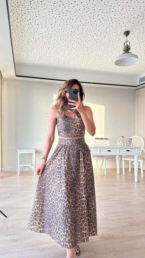 Vina Leopar Desenli Crop Etek Takım