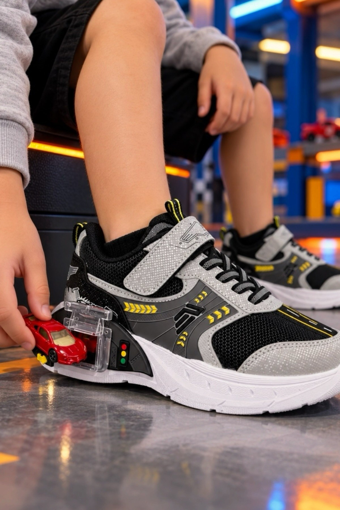 Garaj Tabanlı Hediye Çift Metal Arabalı Ortopetik Erkek Çocuk Sneaker Spor Ayakkabı GRİ