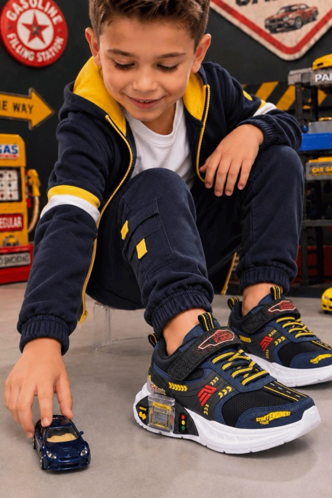 Garaj Tabanlı Hediye Çift Metal Arabalı Ortopetik Erkek Çocuk Sneaker Spor Ayakkabı LACİVERT