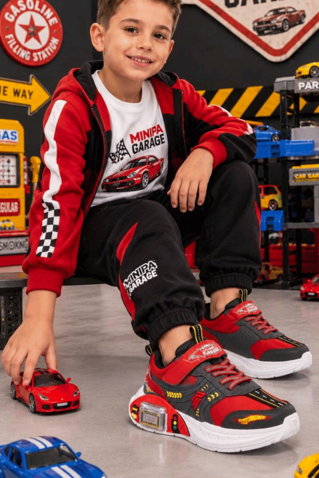 Garaj Tabanlı Hediye Çift Metal Arabalı Ortopetik Erkek Çocuk Sneaker Spor Ayakkabı KIRMIZI