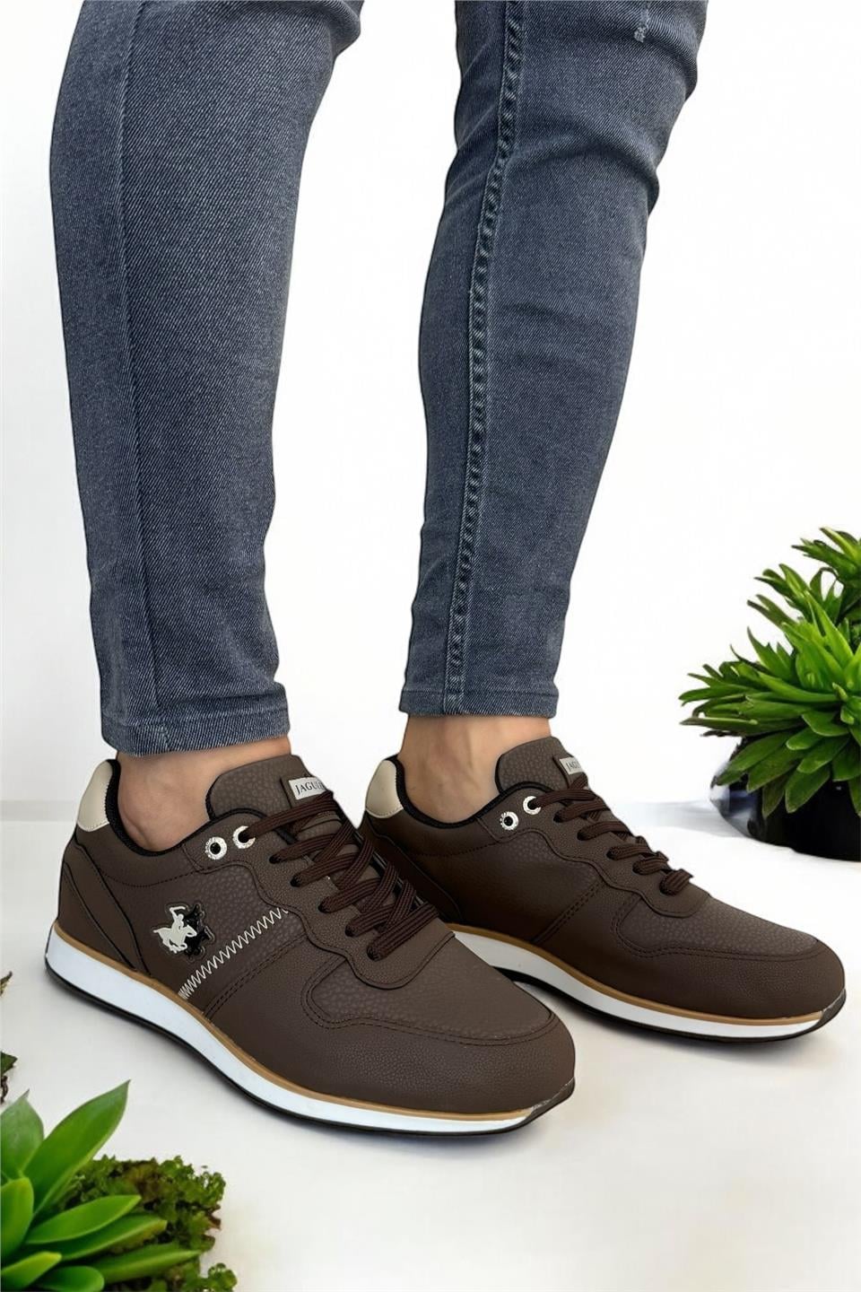 Erkek Günlük Cilt Sneaker Ayakkabı KAHVERENGİ - BEJ
