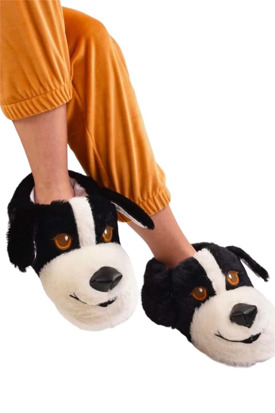 Sevimli Köpek Figürlü Kaymaz ve Ses Yapmaz Taban Ev Panduf SİYAH