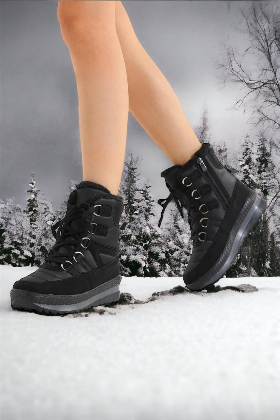 Suya Dayanaklı Sıcak Tutan Kürklü İç Astar Kadın Trekking ve Outdoor Bot SİYAH