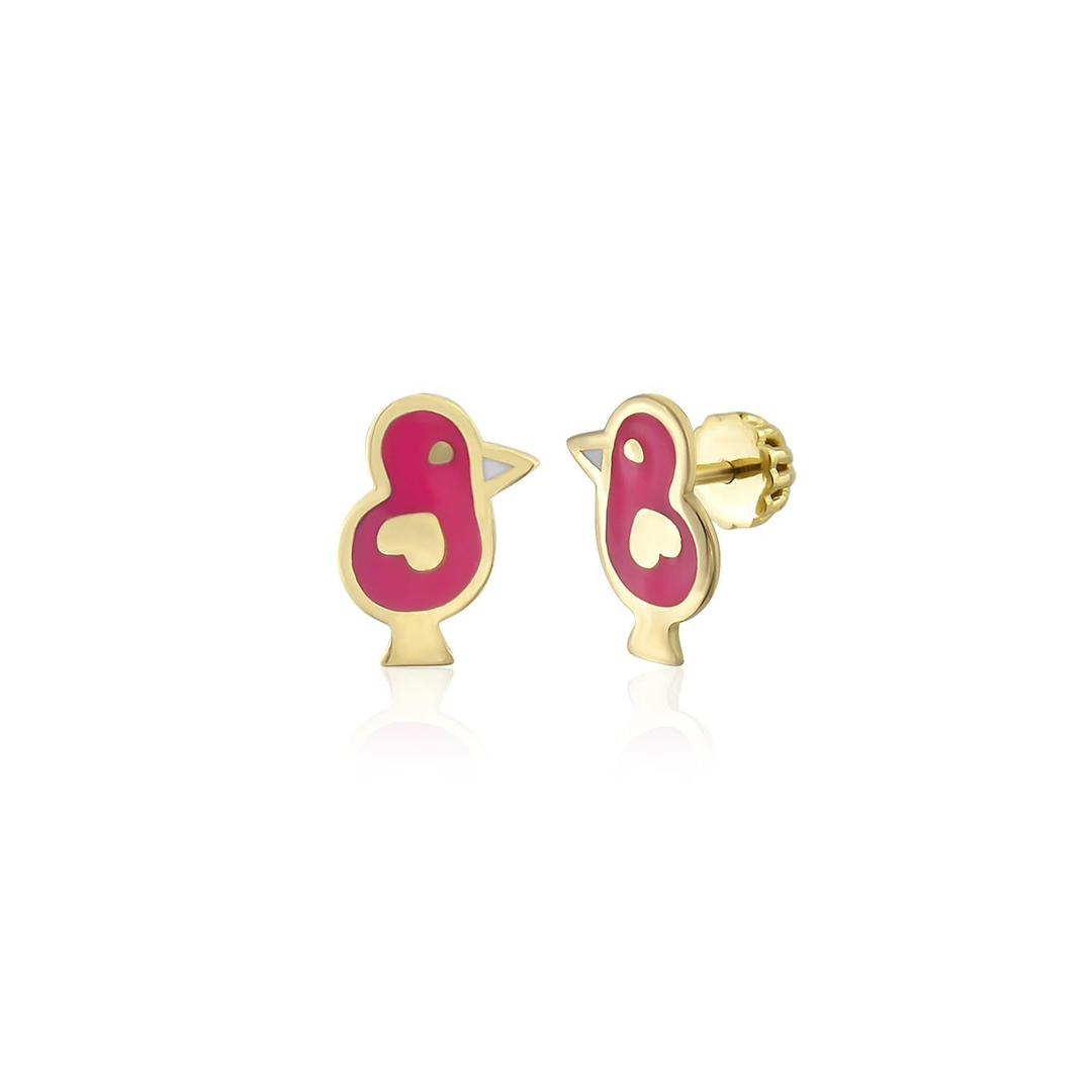 Kuş Motifli Vidalı Çocuk Küpe 14 Ayar Altın