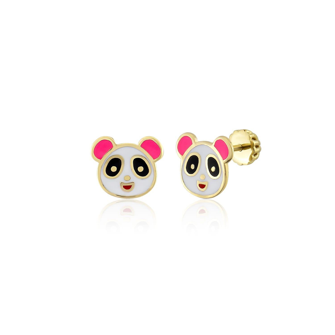 Panda Motifli Vidalı Çocuk Küpe 14 Ayar Altın