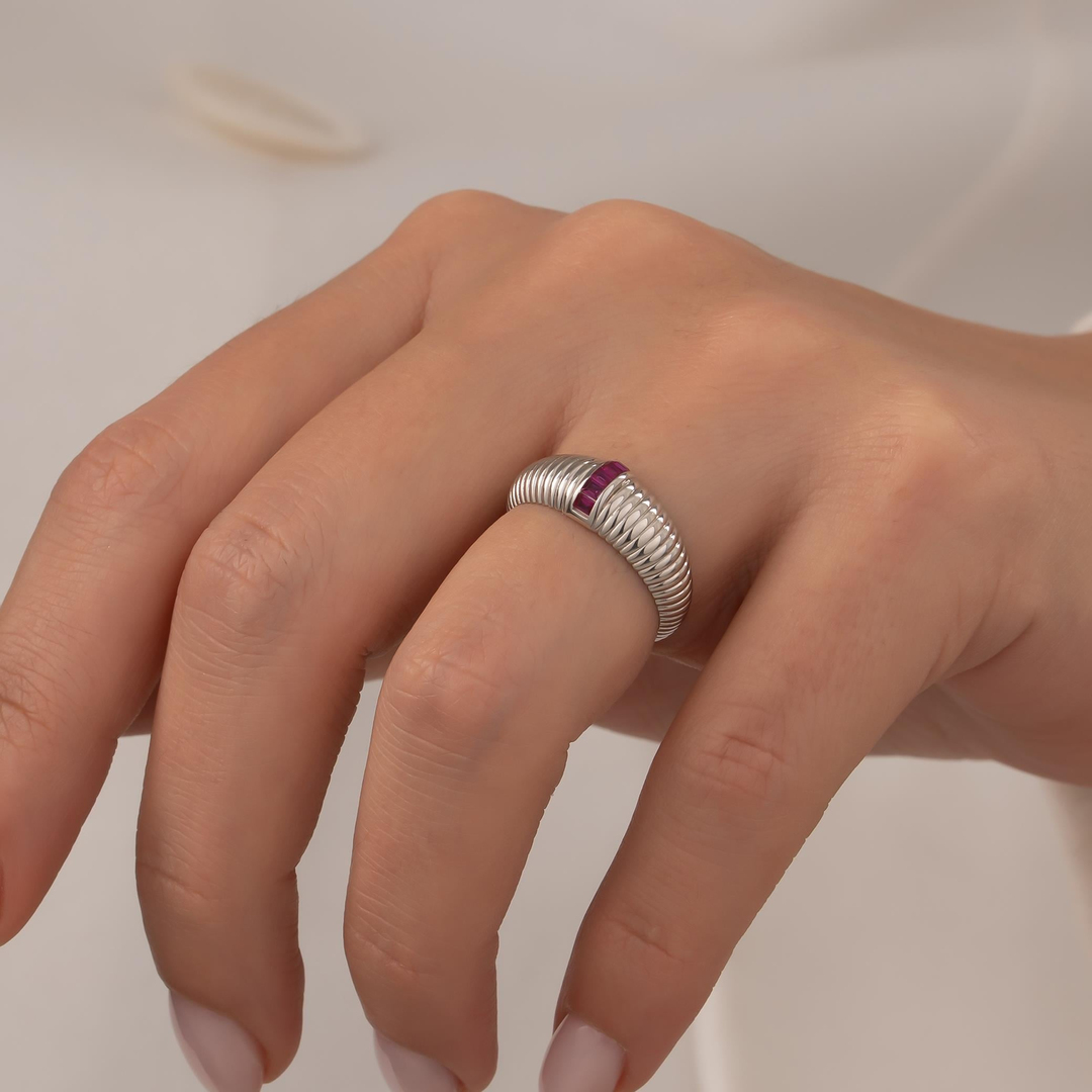 Pembe Taşlı 14 Ayar Beyaz Altın Yüzük