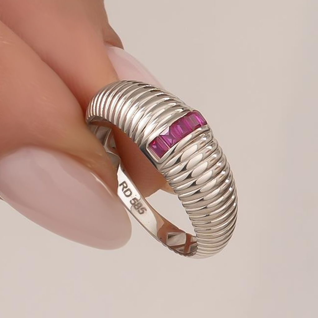 Pembe Taşlı 14 Ayar Beyaz Altın Yüzük
