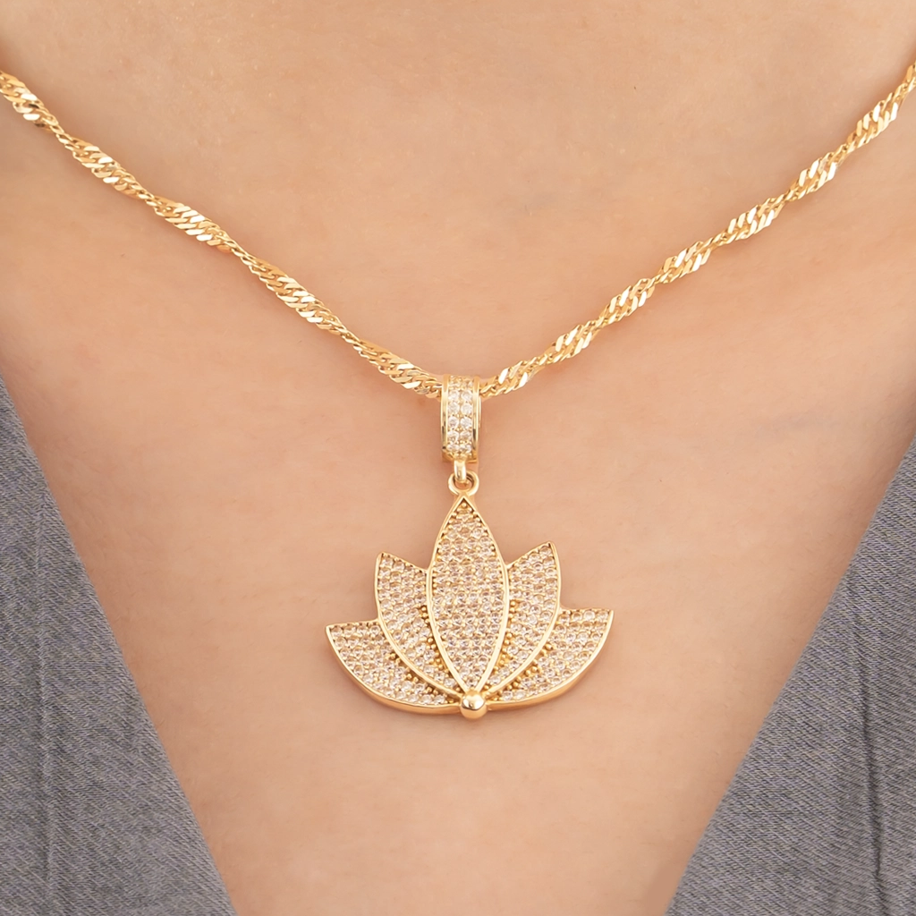 Taşlı Lotus 14 Ayar Altın Kolye