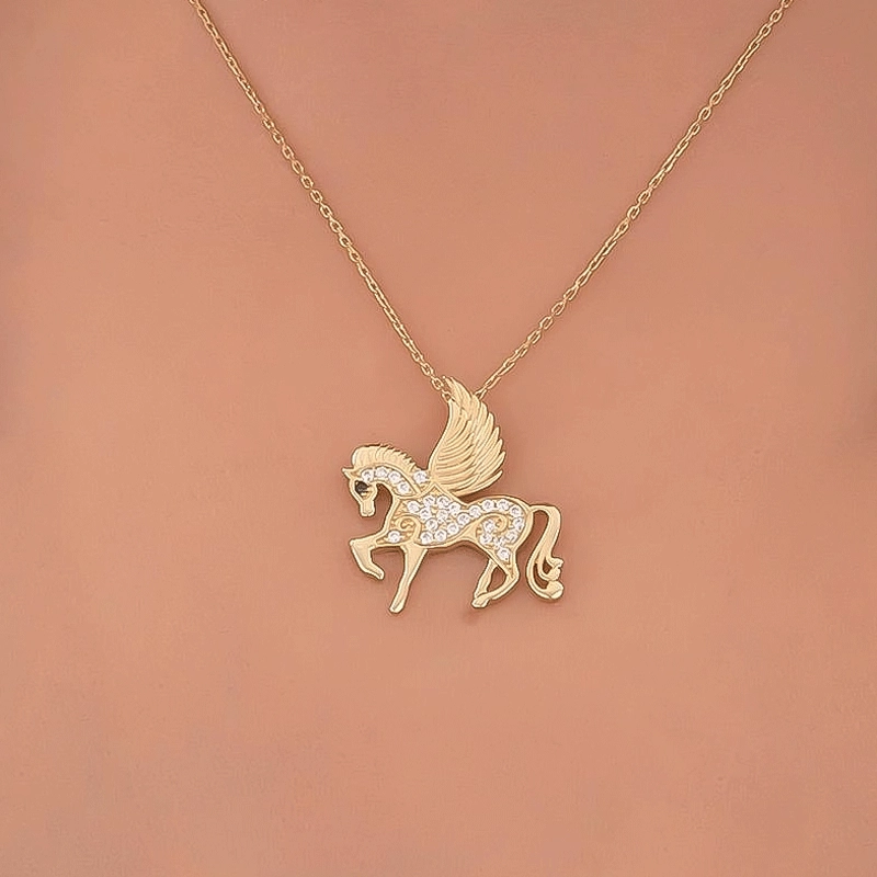 Taşlı Unicorn 14 Ayar Altın Kolye