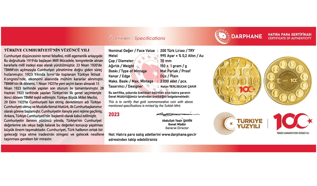 Türkiye Cumhuriyeti'nin 100. Yılı Altın Hatıra Parası