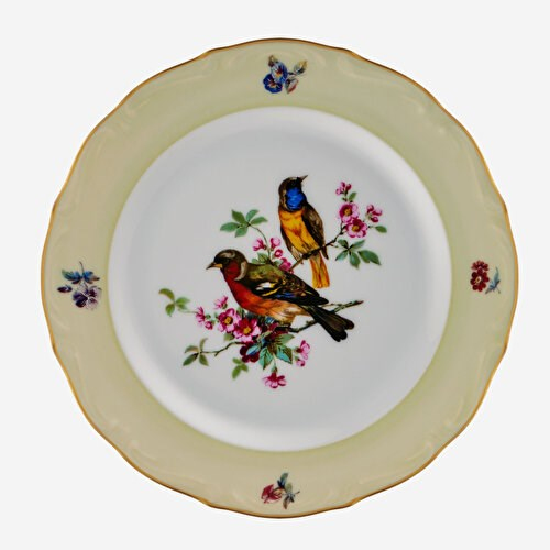 Chiara Alessi Flores Yeşil Kuşlu Ekru Porselen Pasta Tabağı 19 Cm