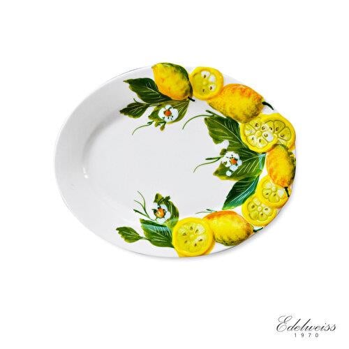 EDELWEISS ITALY Limone e Fiori Beyaz Seramik Servis Tabağı 22X14 Cm