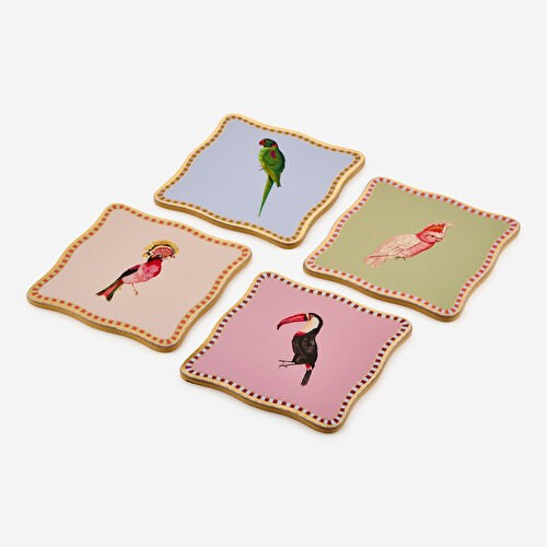 YVONNE ELLEN Animals Kuşlu Pembe Mantar Dörtlü Bardak Altlığı 10X10 Cm
