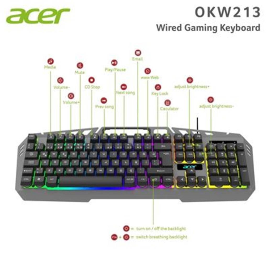 ACERAcer OKW213 Gri RGB Rainbow Backlit Gaming Keyboard Rainbow (Kablo Uzunluğu 1,5mt)4711474093516