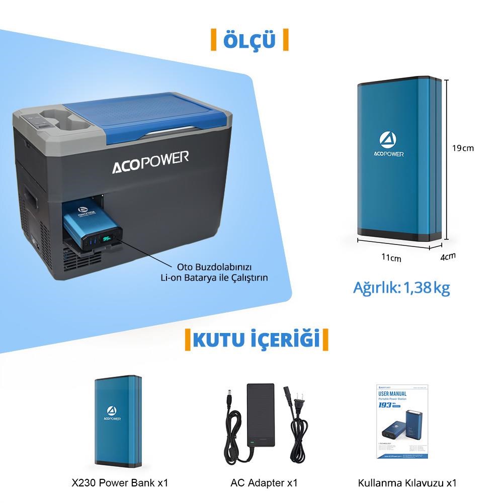 AcopowerAcopower X230 14.8Volt 13Amper Li-ion Yedek Buzdolabı Aküsü + Powerbank + LED LambaX230