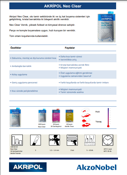 AkzoNobel AkzoNobel Akripol 2k Akrilik Vernik Neo Clear 1 LitreVernik Neo 1 Litre