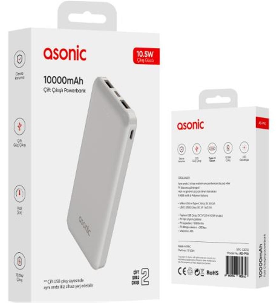 ASONİCAsonic AS-P10 10000mAh Micro+Type-C+USB Beyaz Taşınabilir Pil Şarj Cihazı Powerbank8680096080616