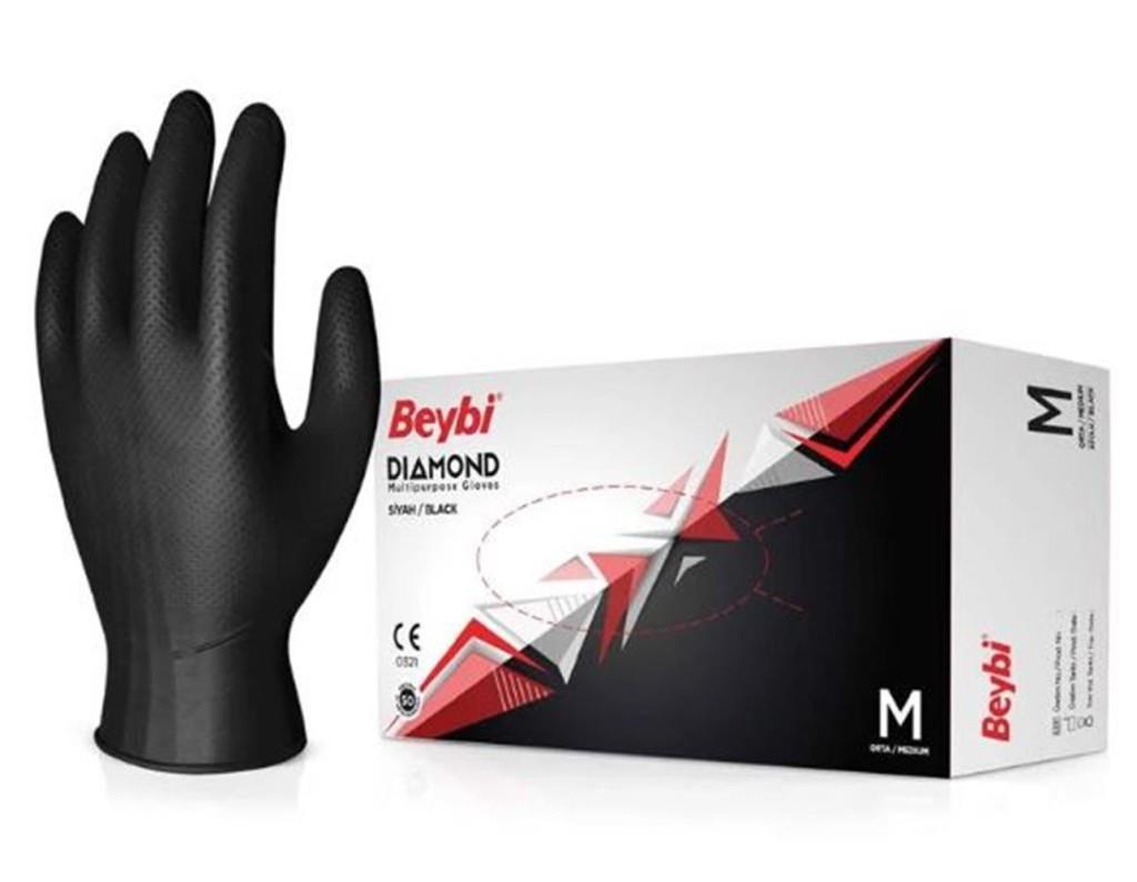 BEYBİBeybi Diamond M Beden Pudrasız Kalın Siyah Nitril Eldiven Medium (Kutuda 100 Adet)8681780111166