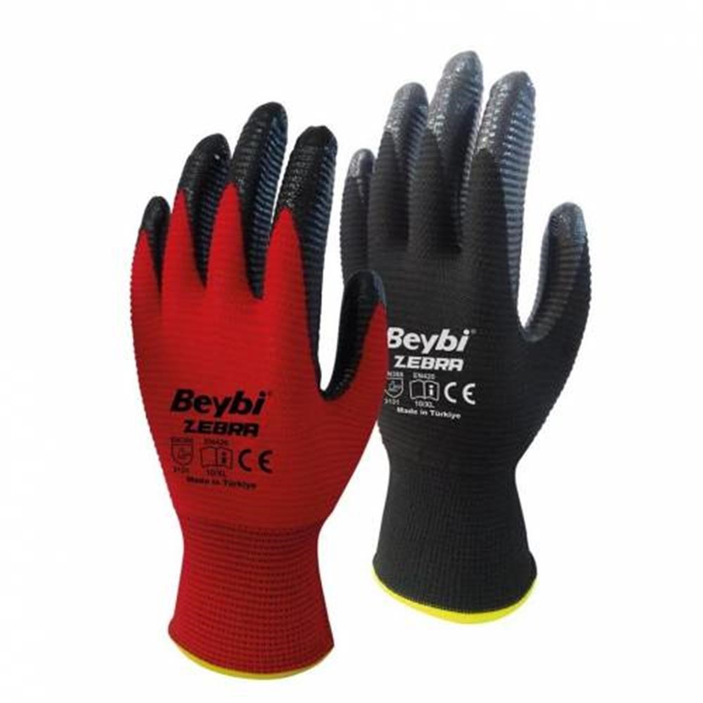 BEYBİBeybi Nitril Poly PNzebra 9 Beden Kırmızı Siyah  Eldiven 12li Paket EN388 (3131X)8681780020086