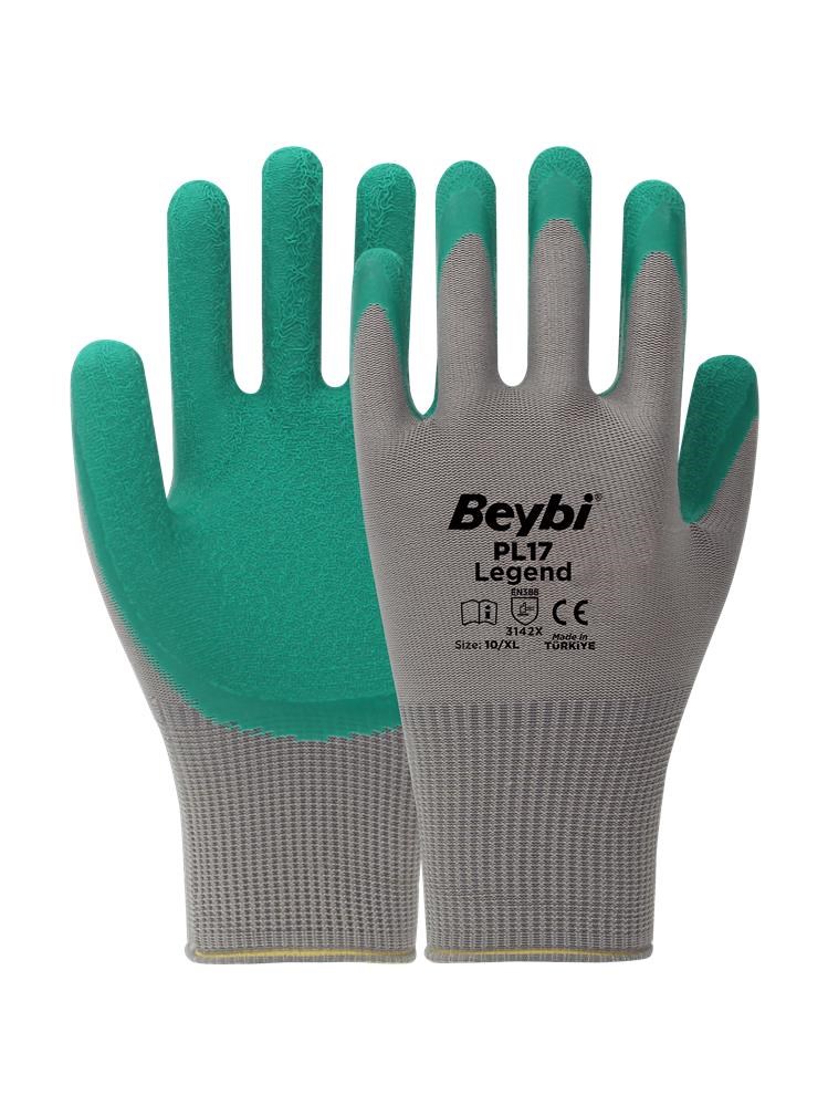BEYBİBEYBİ PL-17 10 Beden Gri-Yeşil 12li Paket Legend Polyester Örme Lateks Eldiven117