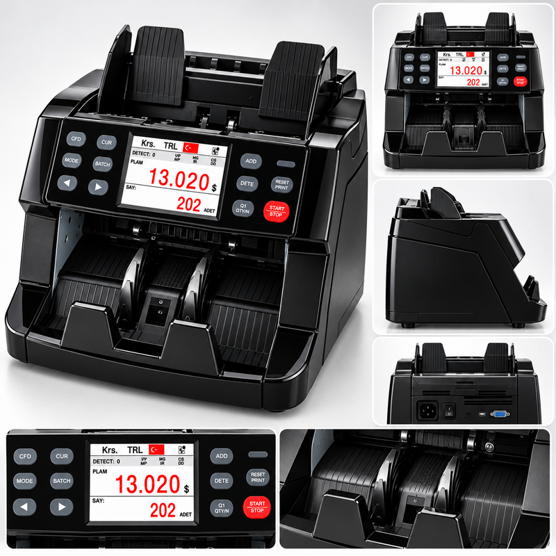 Bill CounterBill Counter AL-120 6 Ülke Parası Sayan Çift CIS 200 DPI Renkli Sensörlü 4.3'' Dokunmatik LCD Karışık Para Sayma MakinesiAL-120