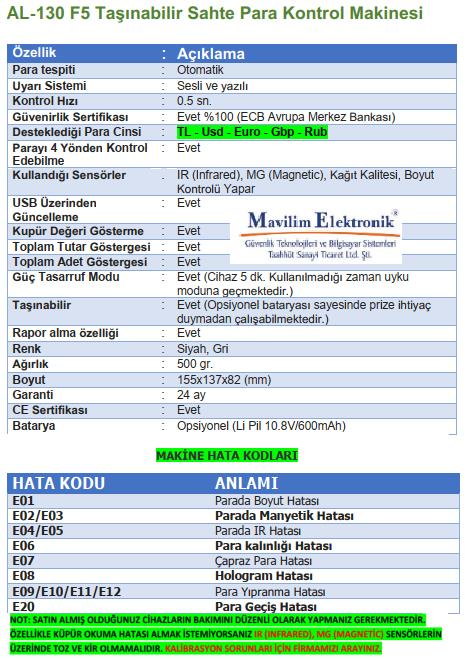 Bill CounterBill Counter AL-130 F5 ŞüpheliPara Kontrol Makinesi 5 Ülke ParasıAL-130 F5