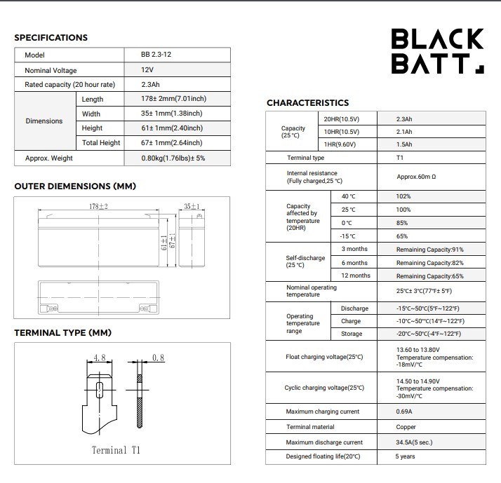 SismikBlack Batt 12V-2.3AH AGM Tam Bakımsız Tip Kuru Akü5837558375583