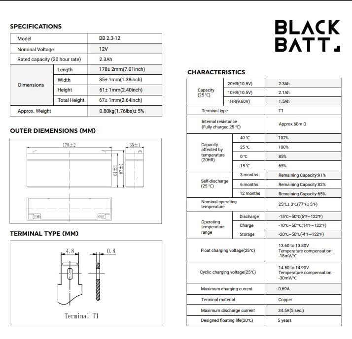 SismikBlack Batt 12V-2.3AH AGM Tam Bakımsız Tip Kuru Akü5837558375583