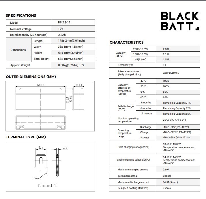 SismikBlack Batt 12V-2.3AH AGM Tam Bakımsız Tip Kuru Akü5837558375583