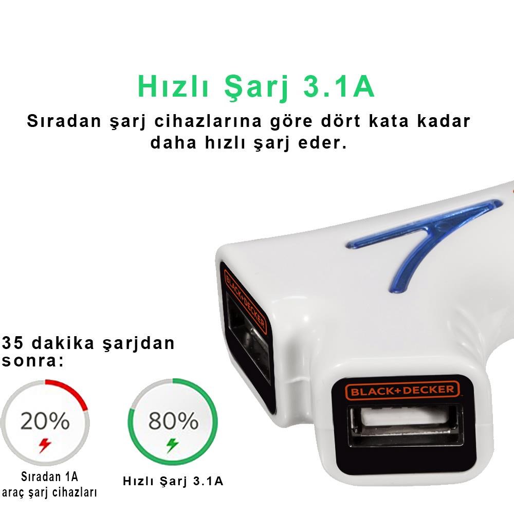 Black&DeckerBlack&Decker PIUSB2BE 3.1 Amper Çift Çıkışlı USB Araç Şarj CihazıPIUSB2BE