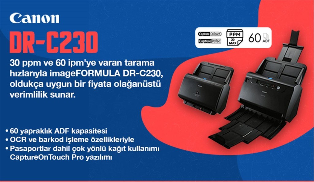 CANONCanon Dr-C230 A4 Dublex Doküman Tarayıcı Dakikada 30 Sayfa Tarama Hızı4528472107882