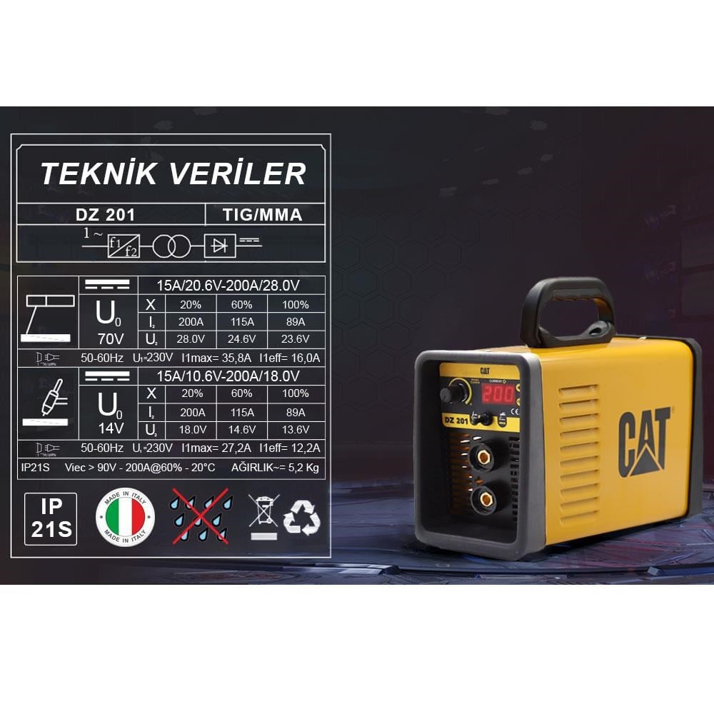 CATCAT DZ201T 200 Amper TIG LIFT/MMA Çanta Tipi Profesyonel Dijital İnverter Kaynak Makinesi + CAT DX37 Avuç TaşlamaDZ201T