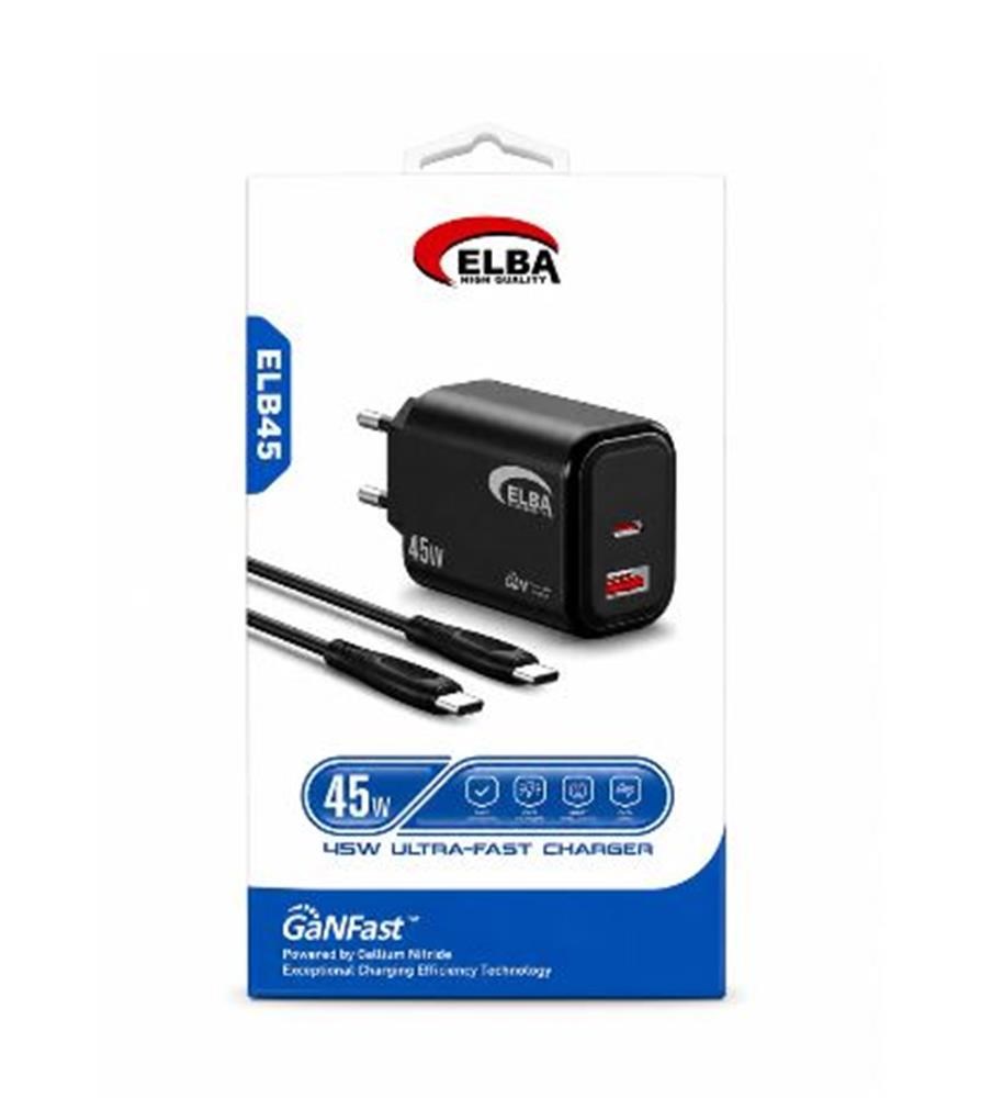 ELBAElba ELB45 45W Siyah Ev Şarj Kafa+ Type- C To Type-C Kablo ( GANFAST Teknoloji Şarj Aleti )8698521891034