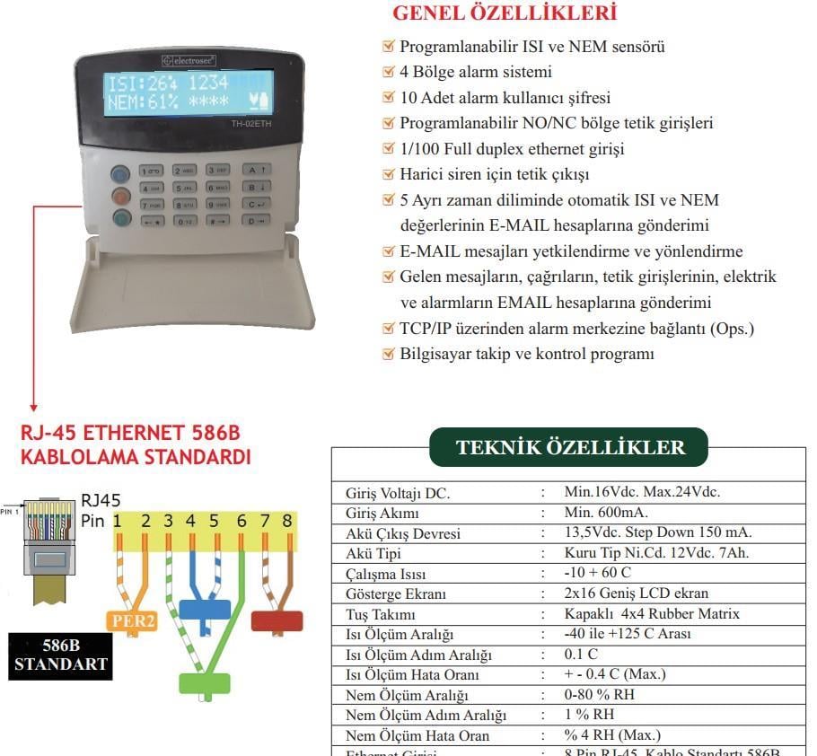 ElectrosecElectrosec TH-02ETH Isı ve Nem Takip Otomasyon Sistemi Ethernet TCP/IP Protokol +1 Prob +16V AdaptörTH-02ETH