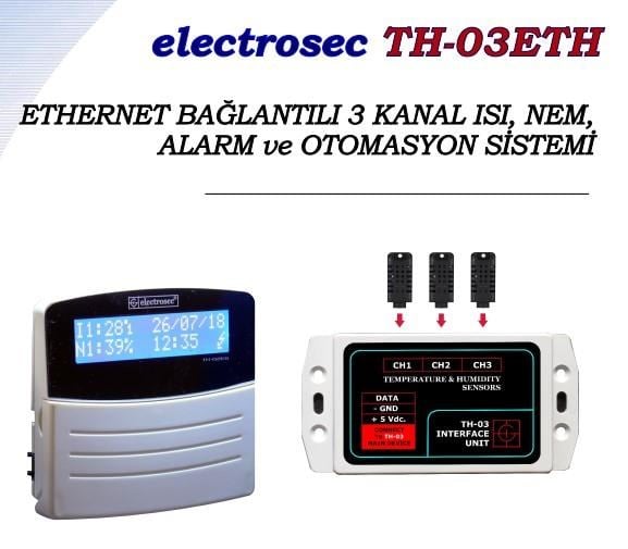 ElectrosecElectrosec TH-03 ETH Web Tabanlı 3 Kanal Isı, Nem ve Alarm Takip Sistemi +1 Prob + 16V AdaptörME-TH-03ETH