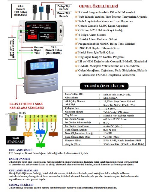 ElectrosecElectrosec TH-03EG Web Tabanlı 3 Kanal Isı, Nem, Alarm ve Otomasyon Sistemi + 1 Adet Isı Nem Probu +16V AdaptörTH-03EG