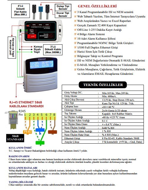 ElectrosecElectrosec TH-03EG Web Tabanlı 3 Kanal Isı, Nem, Alarm ve Otomasyon Sistemi + 1 Adet Isı Nem Probu +16V AdaptörTH-03EG
