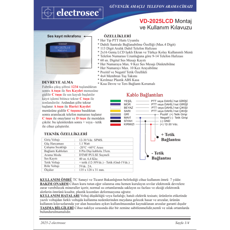 ElectrosecElectrosec VD-2025 Lcd Telefon Arama ModülüME-VD-2005LCD