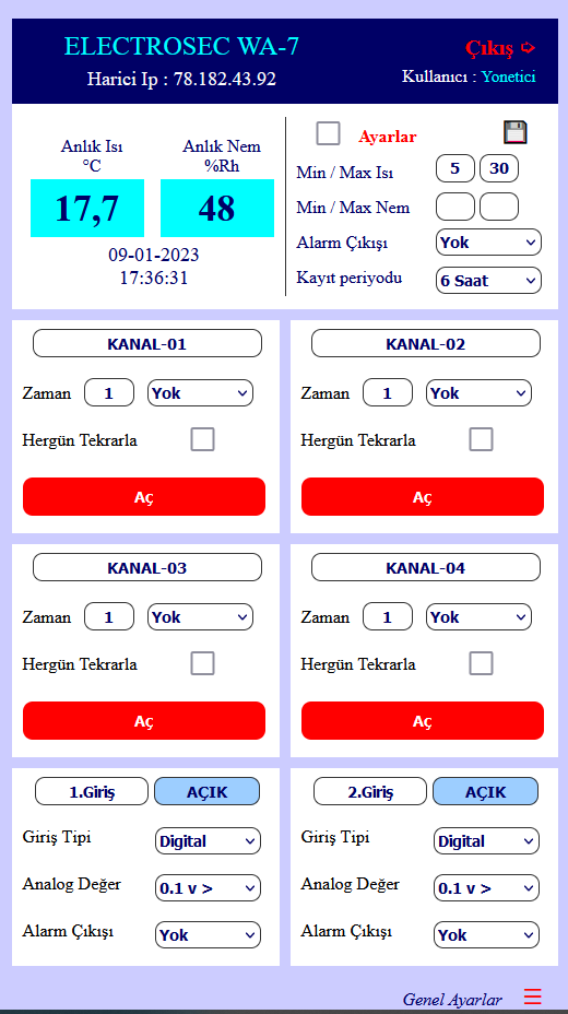 ElectrosecElectrosec WA-7 Akıllı Ev Otomasyon ve Isı Nem Takip Sistemi  (Wi-Fi, 7 Kanal)WA-7