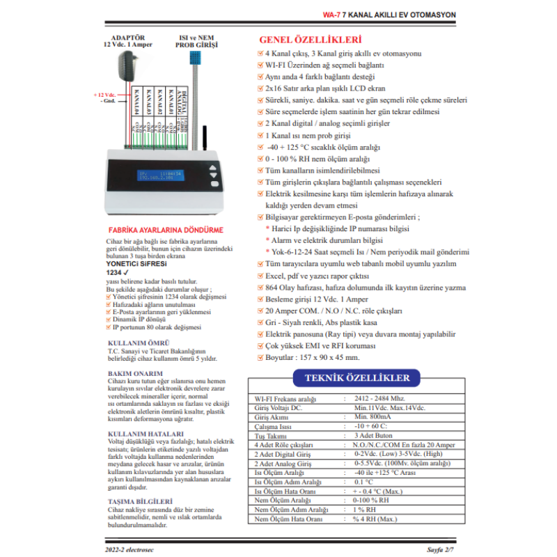 ElectrosecElectrosec WA-7 Akıllı Ev Otomasyon ve Isı Nem Takip Sistemi  (Wi-Fi, 7 Kanal)WA-7