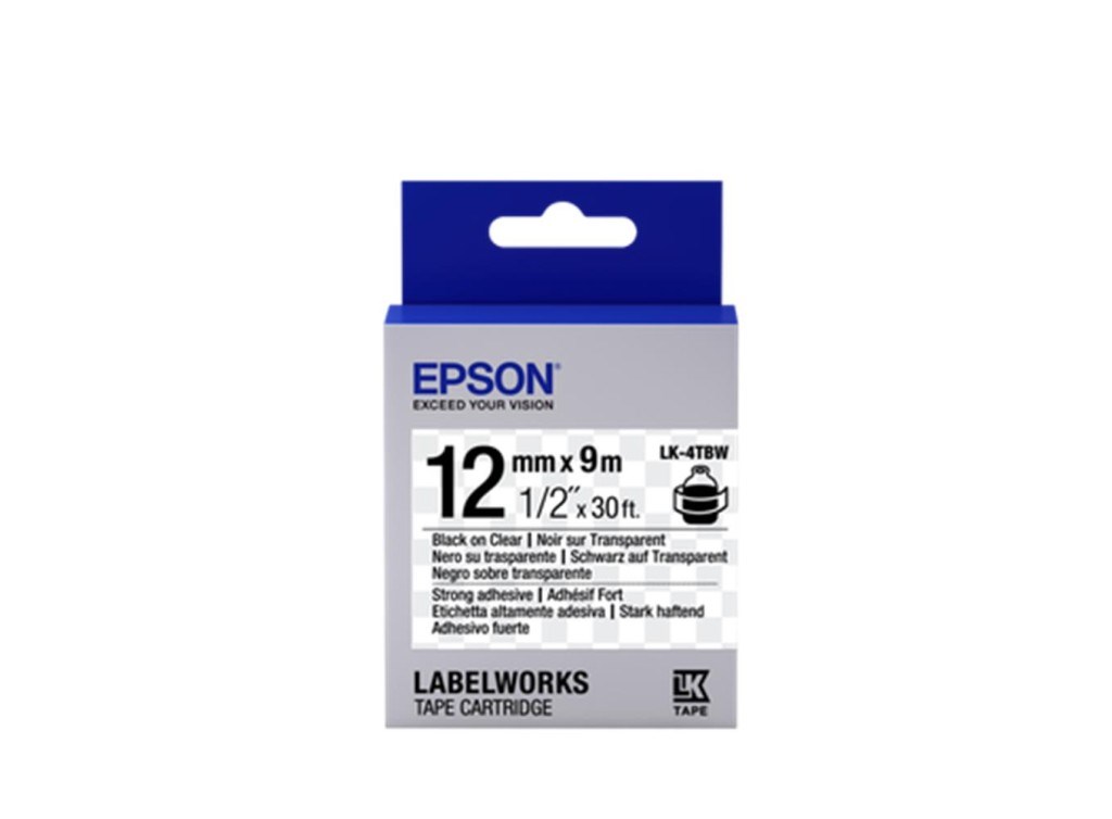 EpsonEpson LK-4TBW Güçlü Yapışkanlı Şeffaf Üzeri Siyah 12mm 9Metre Etiket8715946611303